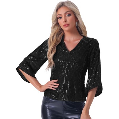 Allegra K Women's Sequin 3/4 Hollow Sleeve V Neck Sparkly Party Club Disco Blouse