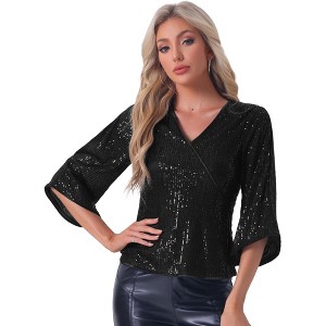 Allegra K Women's Sequin 3/4 Hollow Sleeve V Neck Sparkly Party Club Disco Blouse - 1 of 4