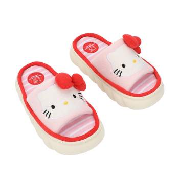 Hello Kitty 3D Character Face Art Women's Pink & White Striped Open-Toed Slide Slippers