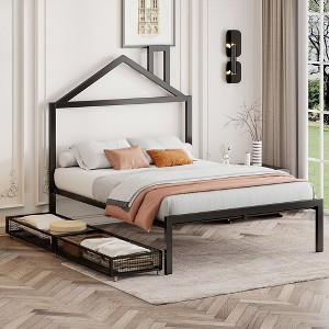 NicBex Twin/Full Platform Bed Frame with House-Shaped Headboard for Boys and Girls,Heavy Duty Metal Slats Support,Easy Assembly,White/Black/Pink - 1 of 4