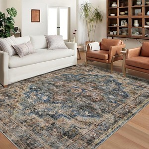 Acekool 8x10 Vintage Medallion Area Rug, Machine Washable Distressed Blue/Brown Non-Slip Stain Resistant Carpet for Living Room, Bedroom - 1 of 4