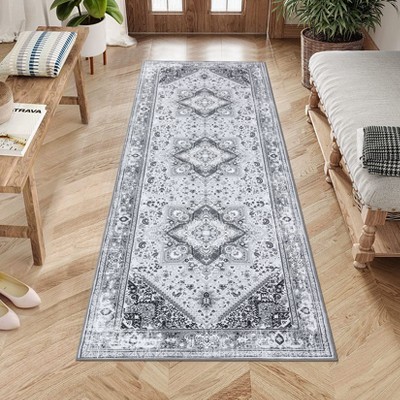 Acekool Washable Runner Rug 2x6, Low-Pile Oriental Floral Vintage Design, Non-Skid, Soft Carpet for Hallway, Bedroom, Kitchen – Gray