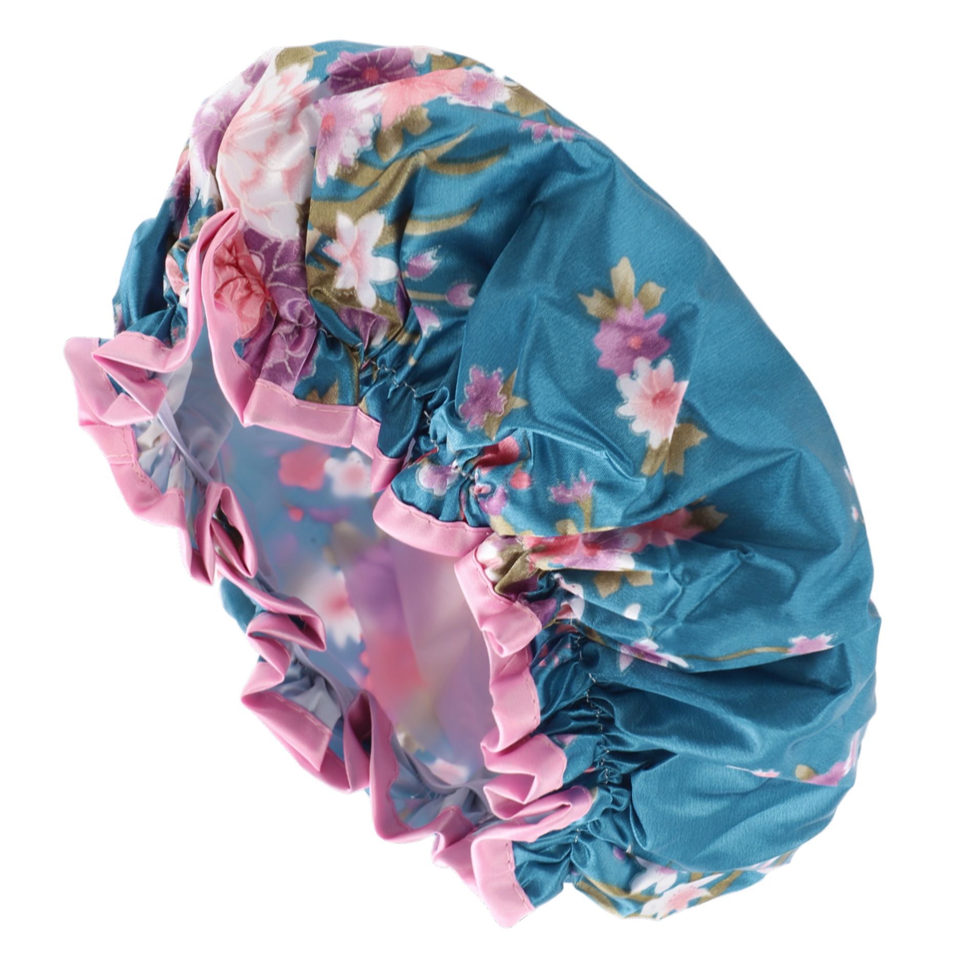 Unique Bargains Women Double Layer Hibiscus Flowers Shower Cap Blue 1 Pc