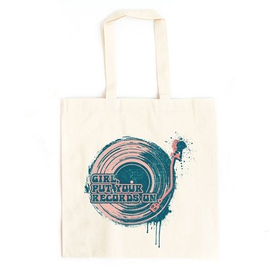 City Creek Prints Girl Put Your Records On Canvas Tote Bag - 15x16 - Natural