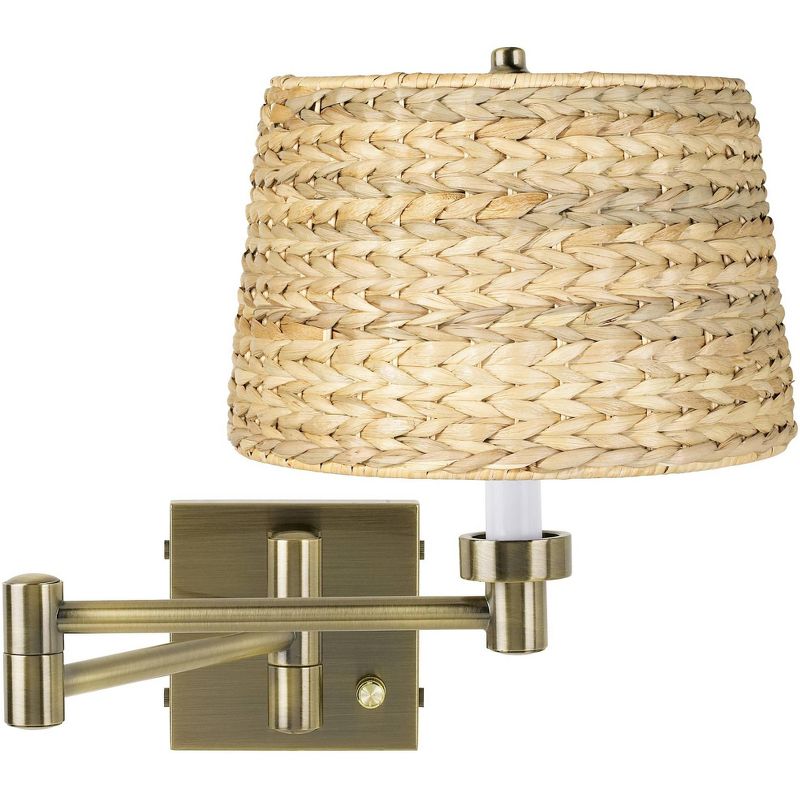 Barnes and Ivy Modern Swing Arm Wall Lamp Antique Brass Plug-In Light Fixture Woven Seagrass Drum Shade Bedroom Bedside Reading, 1 of 7