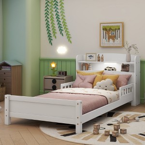 TIRAMISUBEST Twin Size Kids Bed Frame w/ Motion Sensor Light in Bookcase Headboard, Wood Platform Bed w/ Short Guardrails - 1 of 4