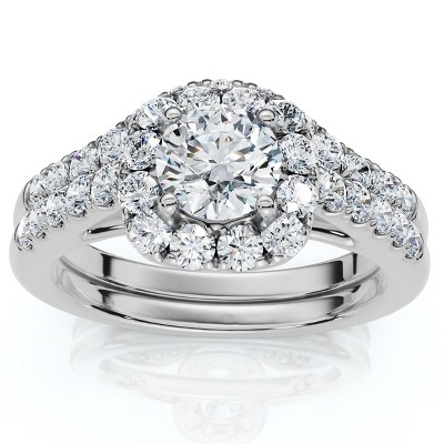 Pompeii3 1 1/10Ct Cushion Halo Diamond Engagement Ring & Matching Band Gold/Pt Lab Created