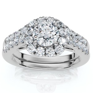 Pompeii3 1 1/10Ct Cushion Halo Diamond Engagement Ring & Matching Band Gold/Pt Lab Created - 1 of 4