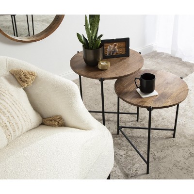 Ulani Natural Wood and Black Metal Round Nesting Tables