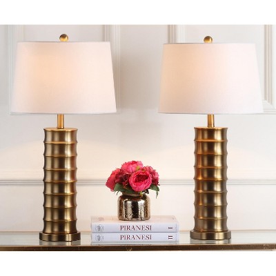 Linus Brass Column Table Lamp Set with White Cotton Shade