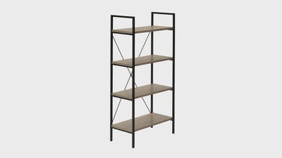 Contemporary Black Beige Metal Wood 4-Tier Bookshelf