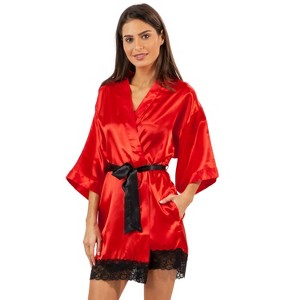 Ashford & Brooks Women's Satin Lace Short Duster Robe - 1 of 4