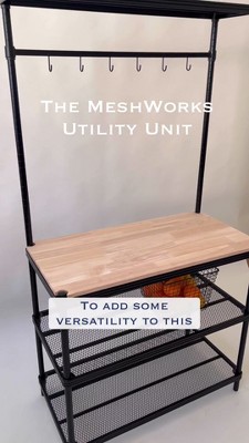 Silver Metal Mesh Storage Workbench with Wood Top