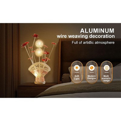 Aluminum 4 Red Roses 6 Petal Floral 2 Red/Silver Flower Bud on A Fan Aluminum Vase Table Lamp for Living Room
