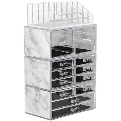 Marble and Clear Acrylic 12-Drawer Makeup Organizer Tower