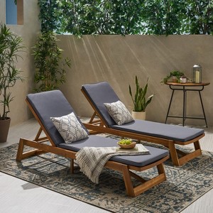 Christopher Knight Home Maki Outdoor Acacia Wood Chaise Lounges with Cushion (Set of 2) - 1 of 4