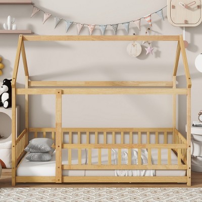 House Floor Bed with Roof Frame, Bed with Safety Guardrails and Opening, Low Design for Kids, Bed with Wood Construction-Baofuwish