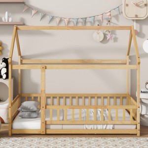 House Floor Bed with Roof Frame, Bed with Safety Guardrails and Opening, Low Design for Kids, Bed with Wood Construction-Baofuwish - 1 of 4