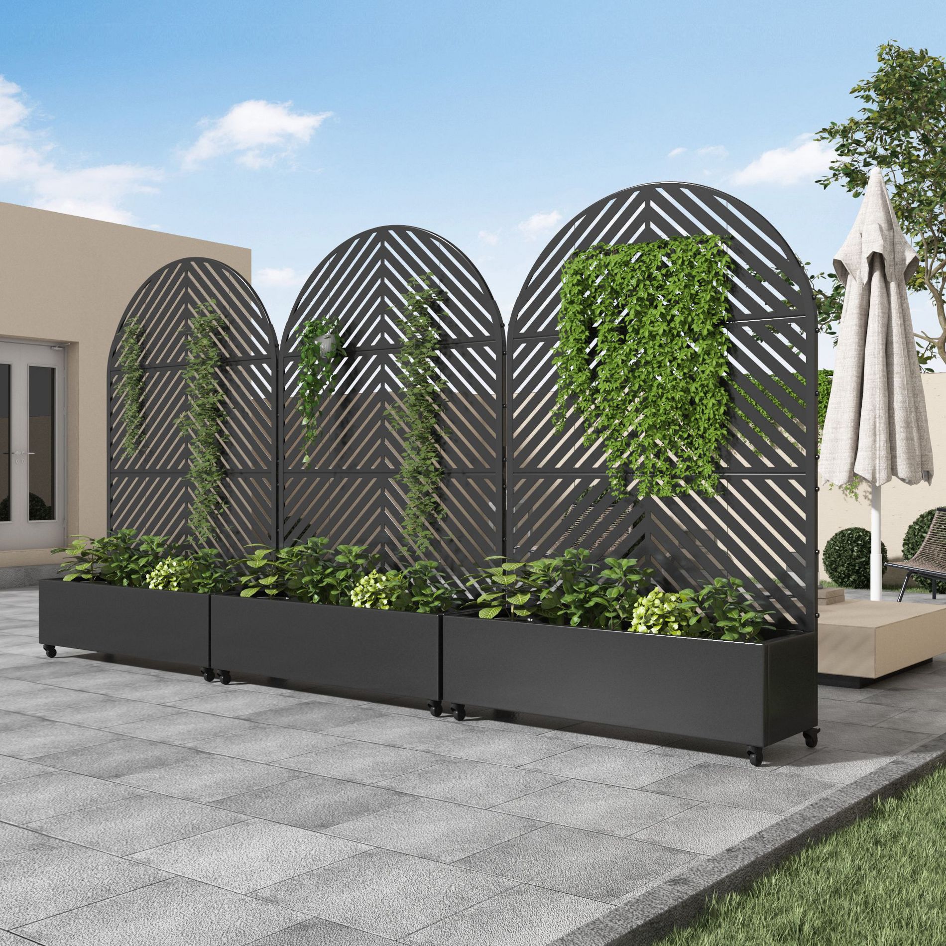 73" x 47" Wrought Iron Black Arch Planter Box with Climbing Rack (Parallel Line )