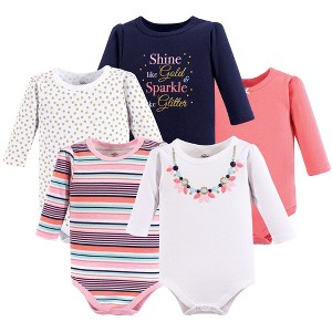 Little Treasure Baby Girl Cotton Long-Sleeve Bodysuits 5pk, Sparkle Necklace - 1 of 1