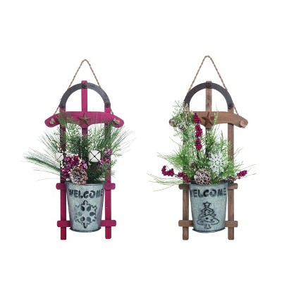 Transpac Wood 20 in. Silver Christmas Sled Ornament Set of 2