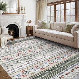 Floral Rug for Living Room Bedroom, 4x6 Washable Rug, Boho Area Rug, Large Non Slip Low Pile Wool Carpet for Dining Room, Kids Room - 1 of 4