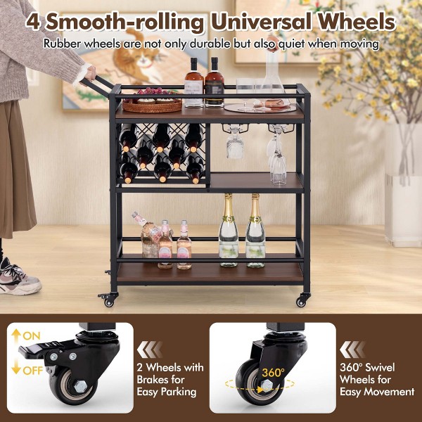 Costway Carrito de bar de 3 niveles con ruedas para hogar y cocina, con rack para vino y portavasos, café rústico/marrón 8