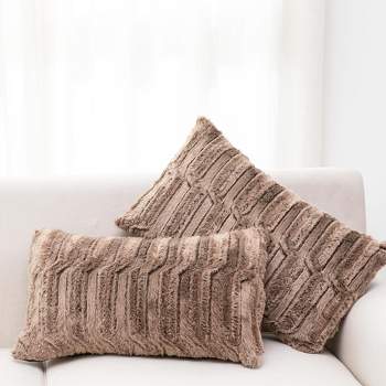 Cheer Collection Luxuriously Soft Faux Fur Throw Pillow With Inserts, Set of 2 - Marble Chocolate (12” x 20”)