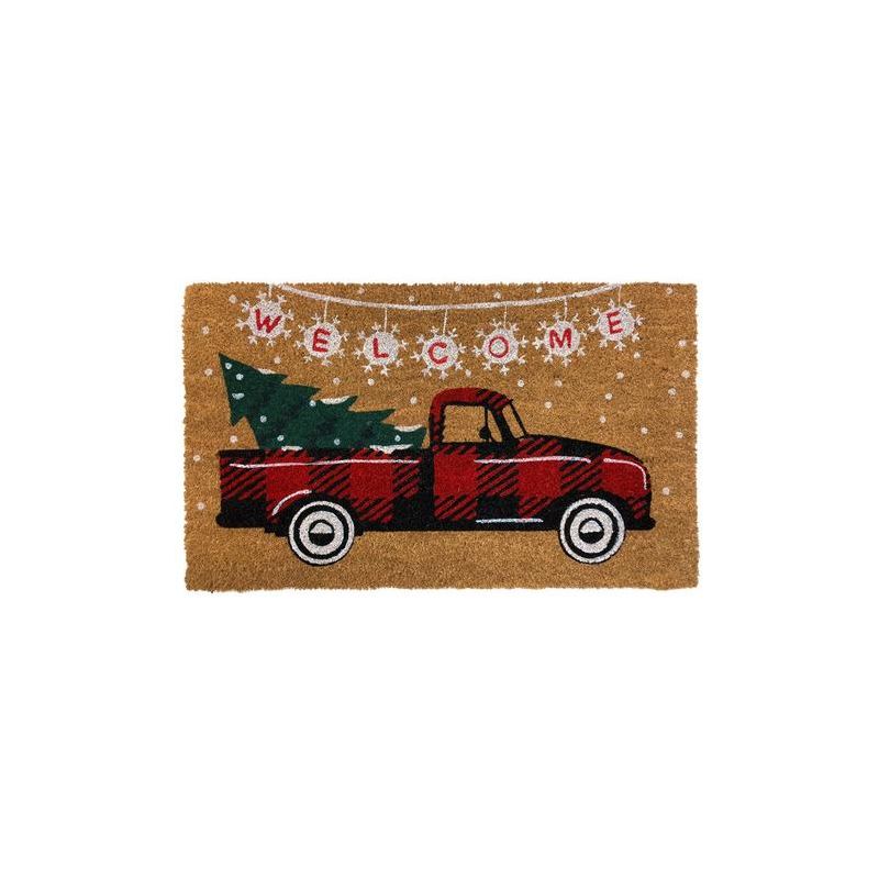 Briarwood Lane Red Checkered Truck Christmas Coir Doormat Natural Fiber Welcome 30" x 18", 1 of 4