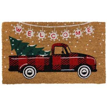 Briarwood Lane Red Checkered Truck Christmas Coir Doormat Natural Fiber Welcome 30" x 18"