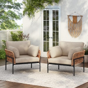 Lyngins Outdoor Accent Chair with Beige Plush Cushions, Rope Weave Design Patio Accent Chair/Lounge Chair, Weather-Resistant Powder-Coated Iron Frame - 1 of 4