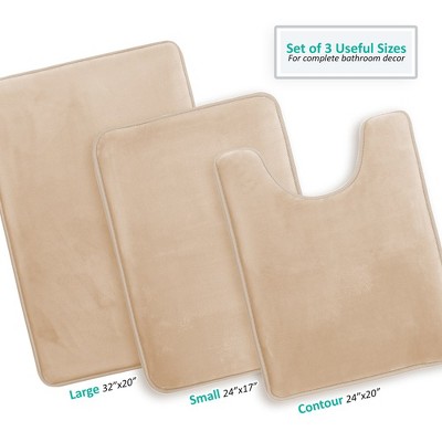 Beige Cream Velvet Memory Foam 3-Piece Bath Rug Set