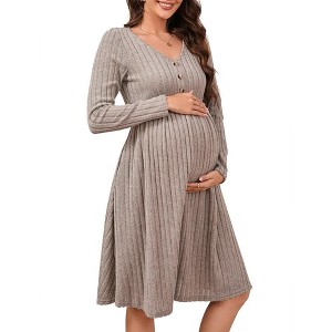 Women's Maternity V Neck Dress Casual Long Sleeve Knit Midi Sweater Dress with Pocket Photoshoot Baby Shower - 1 of 4
