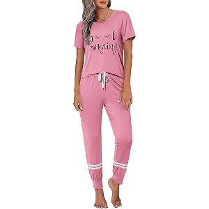 Ekouaer Womens Pajamas Set 2 Piece Lounge Pj Set Short Sleeve Sleepwear Tops with Joggers Pants Loungewear Print Nightwear - 1 of 4