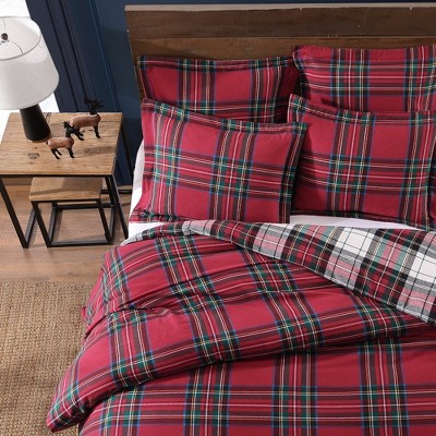 Full Red Cotton Reversible Plaid Duvet Set