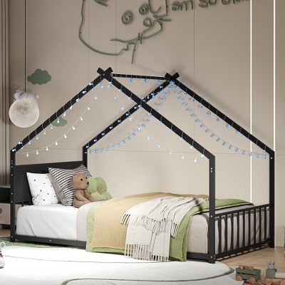 Lyngins Twin Size Bed Frame, Kids' House Bed Frame with Roof & Colorful Lights, Metal  Floor Bed Frame with Slats and Legs, Toddler Bed with Backrest