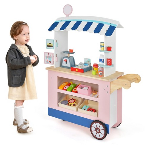 COSTWAY Jouet de Supermarché pour Enfant, Marchande en Bois avec Caisse de  Supermarché, Scanner, Chariot,Lecteur de Carte, Carte de crédit, 5 Coins,  Jeu d'imitation pour Garçons et Filles 3 Ans+ : 