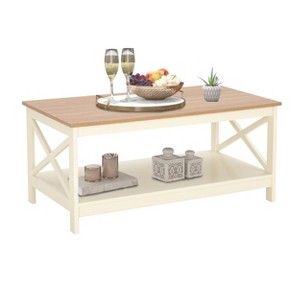 Captiva Designs Farmhouse Coffee Table with Storage Shelf for Living Room, 2-Tier Wooden Center Table with X-Shape Design, Ivory - 1 of 4