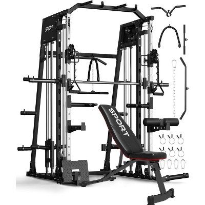 Coucheta Smith Machine Home Gym with Cable Crossover & Weight Bench, 2200LBS Power Cage with Dual Pulley Systems, LAT Pull-Down & Leg Hold-Down