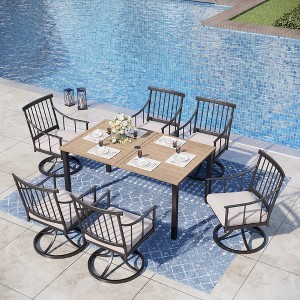 Captiva Designs 7pc Patio Wood-look Slat-top Steel Table with Umbrella Hole & Stylish Cushioned Arm Metal Chairs - 1 of 4