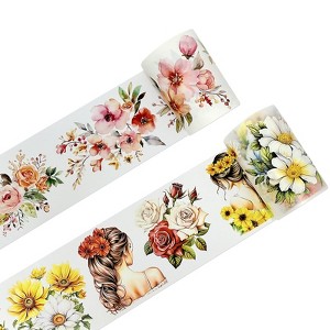 Wrapables Aesthetic Floral Fashion PET Washi Tapes for Scrapbooking, Stationery, Journaling, Diary, Card Making (Set of 2), Yellow and Coral - 1 of 4