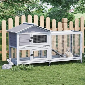 Rabbit Hutch with Ramp&Waterproof Roof, Bunny Cage for Indoor/Outdoor, 2-Story Design, Rabbit Cage with 6 Lockable Caster Wheels&Three Pull-Out Trays - 1 of 4