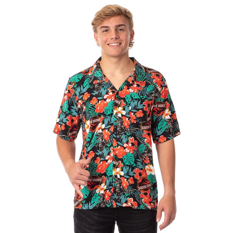 Jurassic Park Men's Velociraptor Dinosaur Floral Hawaiian Button Up Shirt Adult, 1 of 6