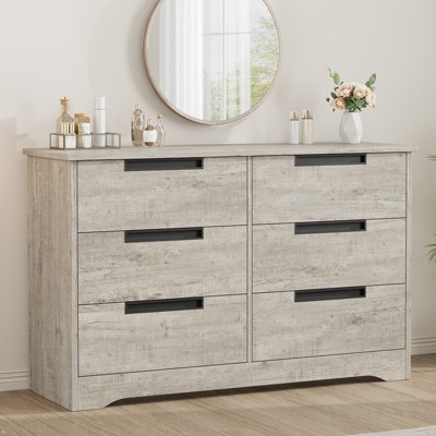 6 Drawer Dresser for Bedroom, Grey Double Dresser Organizer with Embedded Handles Design, Wooden Chest of Drawers for Living Room Nursery Hallway