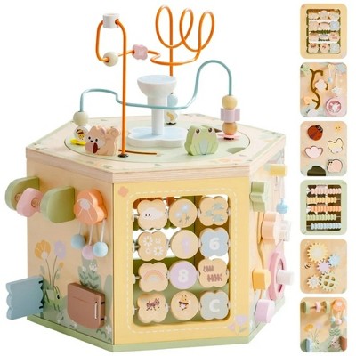 ROBOTIME Baby Activity Gyms, Baby Play Cube Toy with Educational Features, Wooden Activity Cube Toy for Kids' Gift, Yellow, 12.8"*12.8"*14.8"