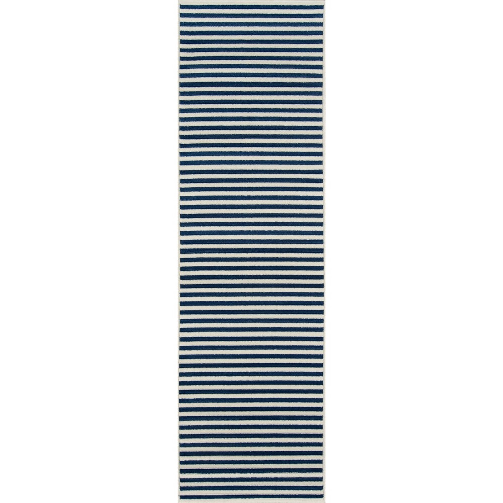 2'3 x8' Runner Stripe Navy - Momeni This elegant indoor/outdoor all-weather area rug offers everything you need to complete the ultimate outdoor room. Repeating stripes, diamonds, trellis and arabesque shapes meet nautical icons like ropes, anchors and waves, adding a luxe layer to all interior and exterior living spaces, including patios, porches and pool decks. Durable power-loomed construction ensures each decorative floorcovering transitions beautifully from season to season while the vibrant color palette and enduring polypropylene fibers offer endless design possibilities indoors and out. Size: 2'3 X8' RUNNER. Color: Navy.