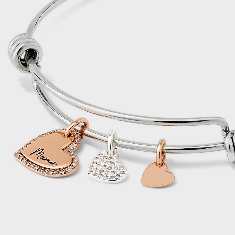 Stainless Steel with Silver Plate Two Tone &#34;Mama&#34; Cubic Zirconia Heart Bangle Bracelet - Silver/Rose Gold, 3 of 4