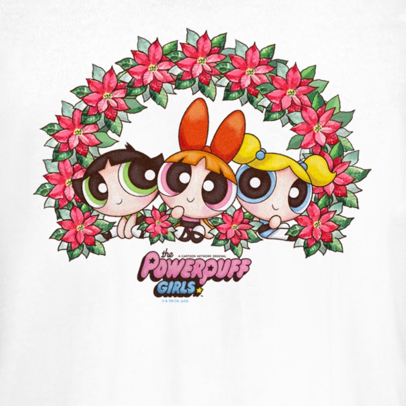 Juniors Womens The Powerpuff Girls Christmas Poinsettia Wreath T-Shirt, 2 of 5