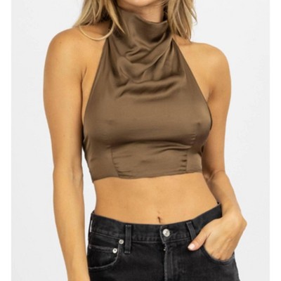 Women's SILKY OPEN BACK CROP TOP - OLIVACEOUS
