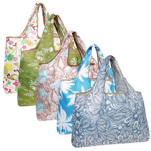Wrapables Large Foldable Tote Nylon Reusable Grocery Bags, 5 Pack - 1 of 4